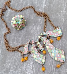 set GREEN MOSAIC, ring and chain with beads of Polymer clay and copper fittings. Boho style, vintage business everyday(c