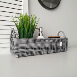 Gray toilet tank holder basket. Bathroom storage basket. Toilet paper box. Woven rectangle toilet tray. Wicker hamper