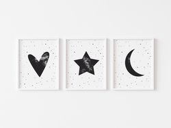 Set of 3 Monochrome nursery prints, Simple baby posters, Moon, Star, Heart, Nursery wall art, So cute baby gift
