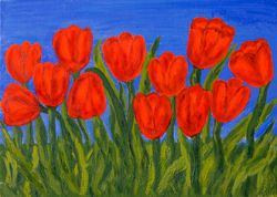 Red tulips on blue sky original oil painting