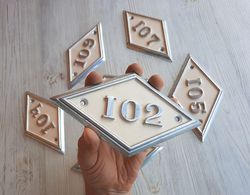 Big rhomb number plaque 102 - apartment address door number plate vintage
