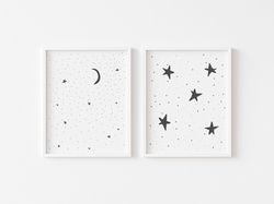 Moon and Stars, Set of 2 nursery prints, Cute black and white prints for nursery decor, Digital prints, Nursery wall art
