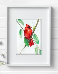 Red Cardinal bird 8x11 inch original aquarelle painting art by Anne Gorywine