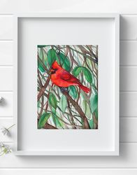 Red Cardinal bird 8x11 inch original aquarelle new painting art by Anne Gorywine