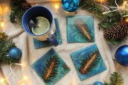 Unique drink square coaster set of 6. Christmas table epoxy resin coasters.