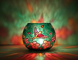 Birds Candle Holder Tealight Votive Emerald Hand-Painted Light Bowl Centerpiece