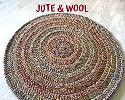 Handmade Jute rug Wool rugs Jute round rug Eco friendly carpet Colorful Round  Rug Bathroom rug Porch decor doormat