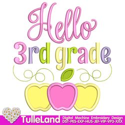 Hello 3rd Grade Back To School Hello third  Grade School Apple Girl Shirt  Design applique for Machine Embroidery