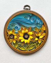 field with sunflowers in quilling technique - paper art - landscape art