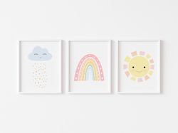 Set of 3 nursery prints, So cute nursery posters, Rainbow, Sun, Cloud, Pastel nursery prints, Nursery wall art