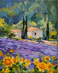 Sunflowers and Lavender Painting Small Landscape Provence Artwork Oil Canvas Original painting 10 by 8 inch by NataLena
