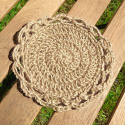 Handmade round jute crochet coasters, Set of 6 natural jute napkins