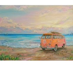 Travel Bus Painting Beach Canvas Oil Painting 12 by 16 Hippy Car Original Art Seascape Artwork