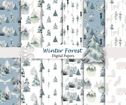 Winter watercolor, forest animal paper, seamless pattern, woodland animals, watercolor spruce.