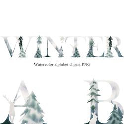 Watercolor winter, forest alphabet, watercolor animals, clipart alphabet png, numbers clipart, letter wall decor.