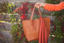 Camel handmade Leather tote bag with two outside pockets