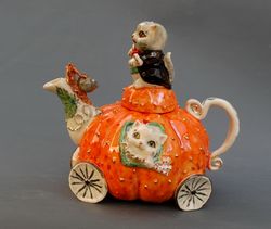 Handmade porcelain teapot Sculptural teapot Pumpkin teapot cute cats figurines Fairy carriage Snail ceramic sculpture