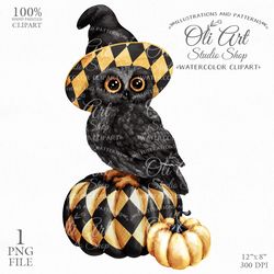 Happy Halloween Owl, Pumpkin, Witch Hat. Hand Painted Clipart. Sublimation Png, Digital Design. OliArtStudioShop