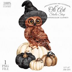 Happy Halloween Owl, Pumpkin, Witch Hat. Hand Painted Clipart. Sublimation Png, Digital Design. OliArtStudioShop