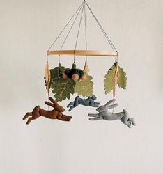 Baby crib mobile- Running Hares, oak leaves, felted acorns- woodland nursery decor