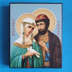 Saints Peter and Fevronia of Murom patrons of marriage orthodox wooden icon 6.2x5" free shipping