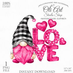 Valentines day Pink Gnome. Love Cute Cnome. Cute Characters, Hand Drawn graphics. Digital Download. OliArtStudioShop