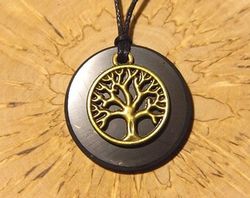 Shungite necklace, tree of life pendant, shungite circle, black jewelry, healing stone