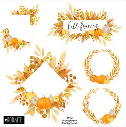 Watercolor autumn wreaths with pumpkins png, Fall leaf frame