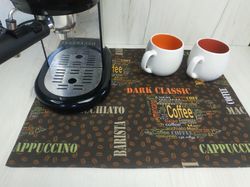 Coffee desk mat and cup coasters, coffee decor, coffee gift set, espresso machine mat, doctor gift, custom bar mat