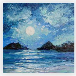 Hawaii Painting Moonlit night oil painting Seascape original art 12 by 12 inches Full moon Night painting