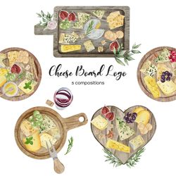 Watercolor Cheese Board Logo. Premade Cheese Plate Logo with Cheese compositions. Food Logo, Catering logo
