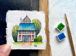 House painting Original artwork Miniature watercolor Mini wall art by Rubinova