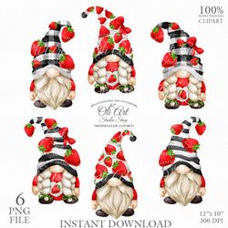 Strawberry Gnome. Hand painted clipart. Cute Characters, Hand Drawn graphics. Digital Download. OliArtStudioShop