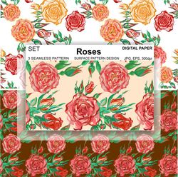 Roses Seamless Pattern Flowers Digital Paper Surface Design Retro Vector beige Wallpaper