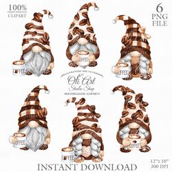 Coffee Gnome. Hand painted clipart. Cute Characters, Hand Drawn graphics. Digital Download. OliArtStudioShop