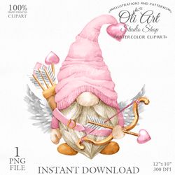 Valentine Pink Cupid Gnome. Love Cute Cnome. Cute Characters, Hand Drawn graphics. Digital Download. OliArtStudioShop