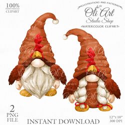 Chicken Gnome. Hand painted clipart. Cute Characters, Hand Drawn graphics. Digital Download. OliArtStudioShop