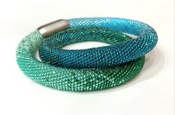 Crochet rope necklace - Emerald blue gradient bead crochet necklace