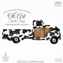 Truck, Cow print. Hand painted clipart. Hand Drawn graphics. Digital Download. OliArtStudioShop