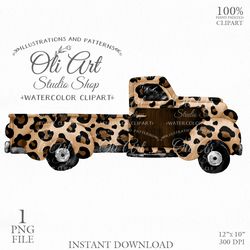 Truck, Leopard Print. Hand painted clipart. Hand Drawn graphics. Digital Download. OliArtStudioShop