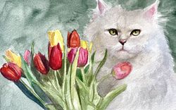 Cat with flowers watercolor painting, original art, painting, watercolour, original inspiring art