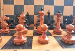 Red black Russian chess pieces 1950s vintage, Soviet wooden old chessmen set