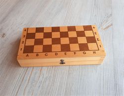 Small size (20 x 20 cm.) vintage Russian chess board - wooden folding chess box 1980s