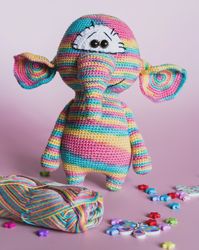 crochet elephant, stuffed elephant, crocheted multicolored elephant, crochet multicolored elephant toy,