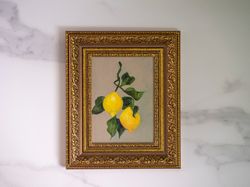 Yellow lemon oil painting original, tiny fruit oil painting, cardboard fireplace, vintage style decor, countrystylehome