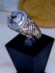 Left eye of Pontiff Sulyvahn / Pontiffs eye / Bimetal ring with larvikite (black labradorite) / Dark Souls ring / Stone