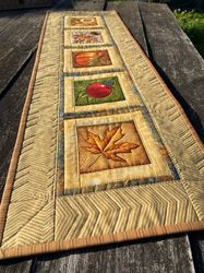 FALL QUILTED TABLE RUNNER with leaves, AUTUMN entryway table decor, QUILT TABLE RUNNER in autumn colors, dresser scarf