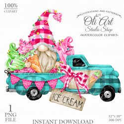 Ice Cream Truck, Gnome Clipart. Hand Drawn Graphics, Instant Download. Digital Download. OliArtStudioShop