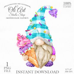 Ice Cream Gnome Clip Art. Cute Characters, Hand Drawn graphics. Digital Download. OliArtStudioShop