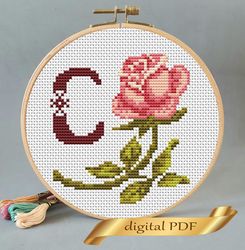 Floral letter C pdf cross stitch Flower monogram alphabet easy embroidery